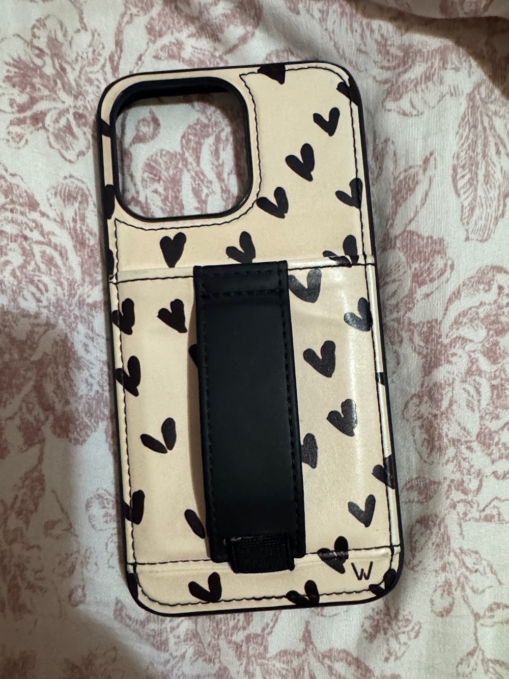 Heart Print Beige Phone Case with Black Strap